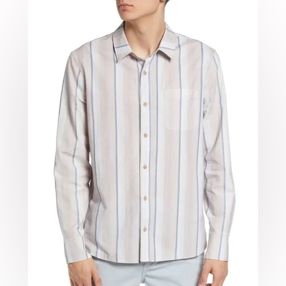 Paige Men’s Cooper Stripe Cotton Button Up Ling Sleeve Shirt in Hazy Blush - Picture 11 of 12